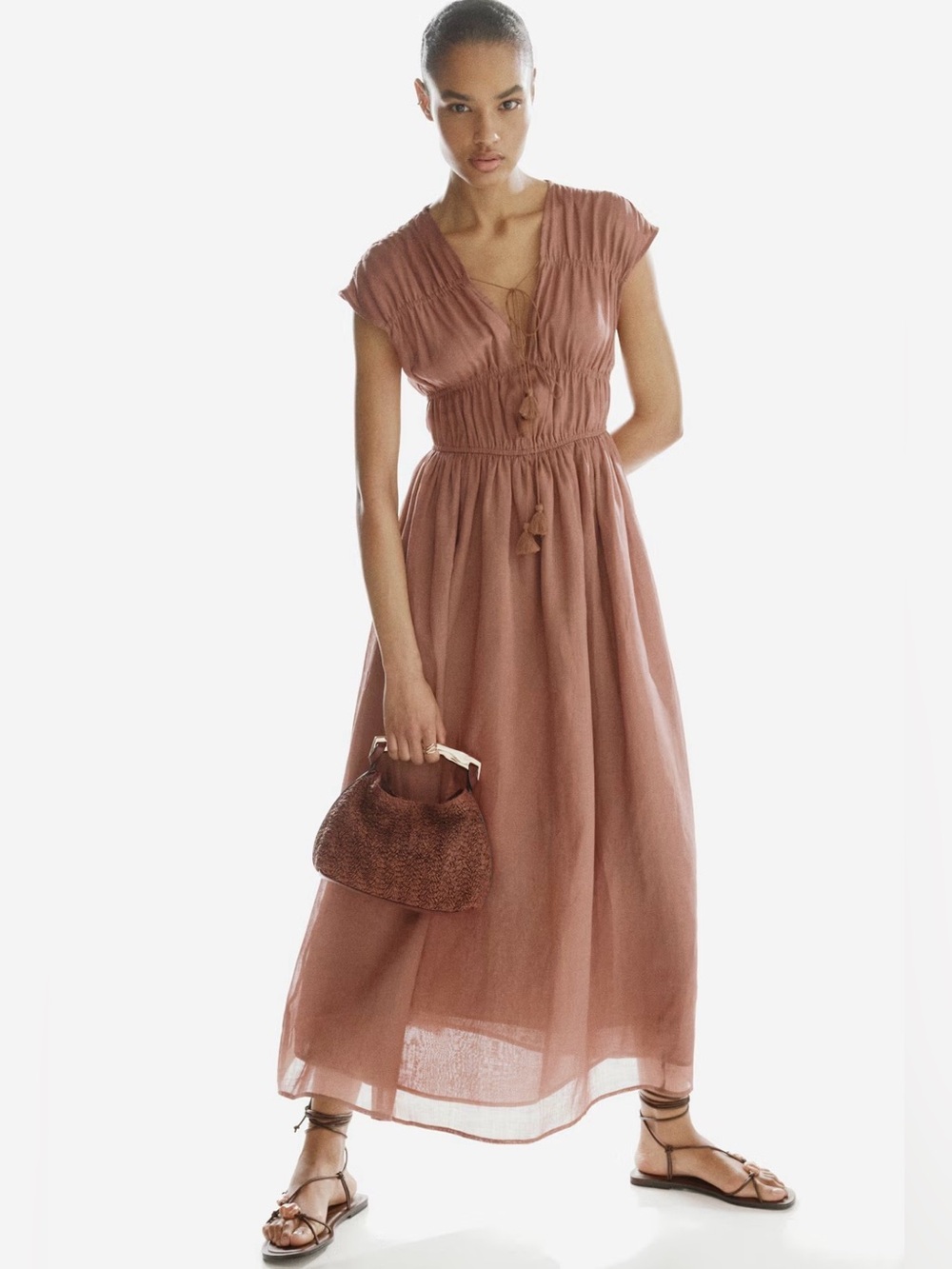 H&M Drawstring-Detail Ramie Dress. NWT. Brown. Sz M
